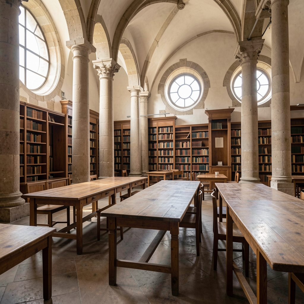 Wnętrze zabytkowej biblioteki z kamiennymi kolumnami, długimi drewnianymi stołami i dużymi okrągłymi oknami wpuszczającymi spokojne dzienne światło